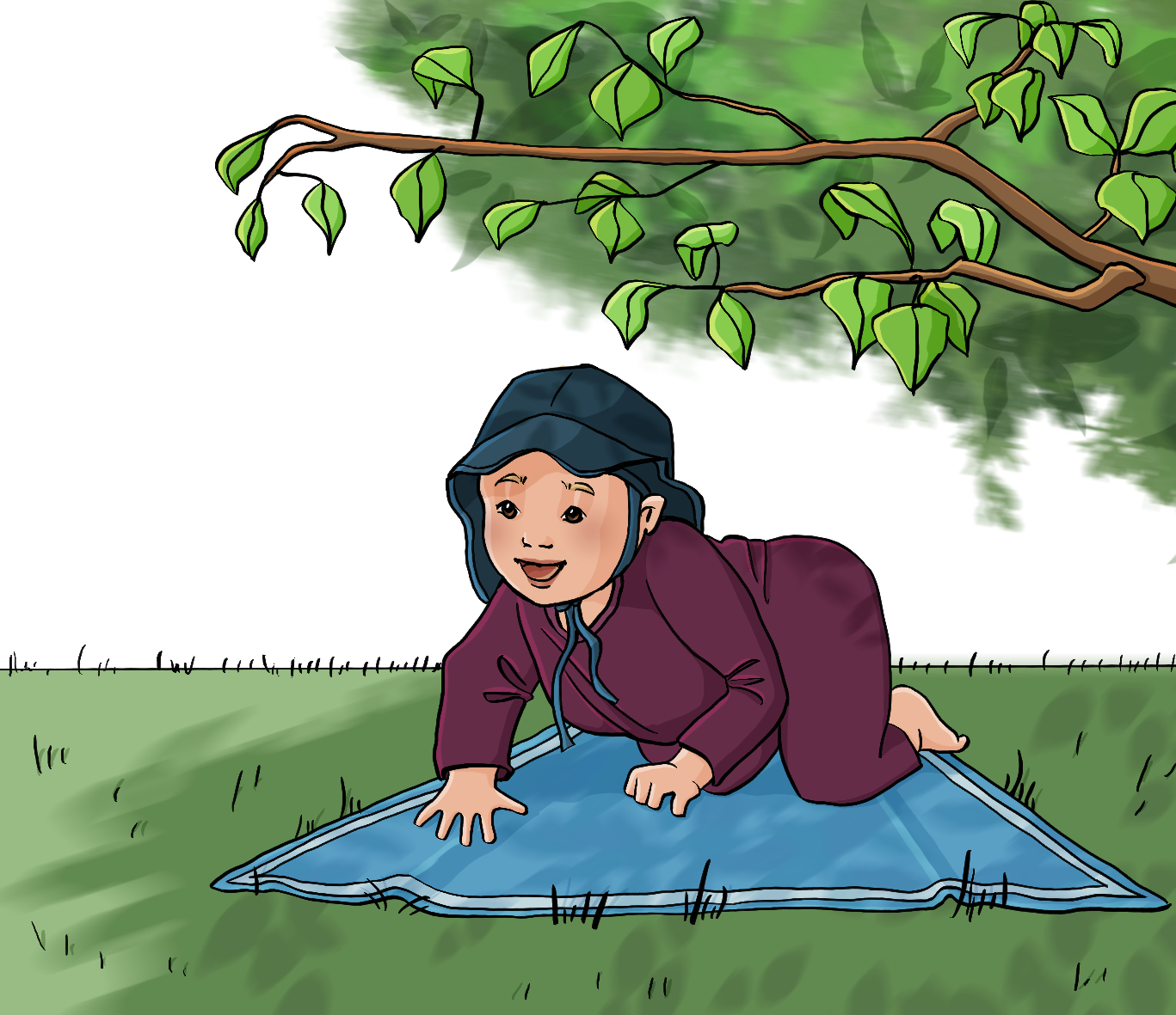 Ein Kind im Krabbelalter kniet im Vierfüßlerstand auf einer Decke unter einem Baum. Es trägt einen langärmligen Body und einen Sonnenhut.