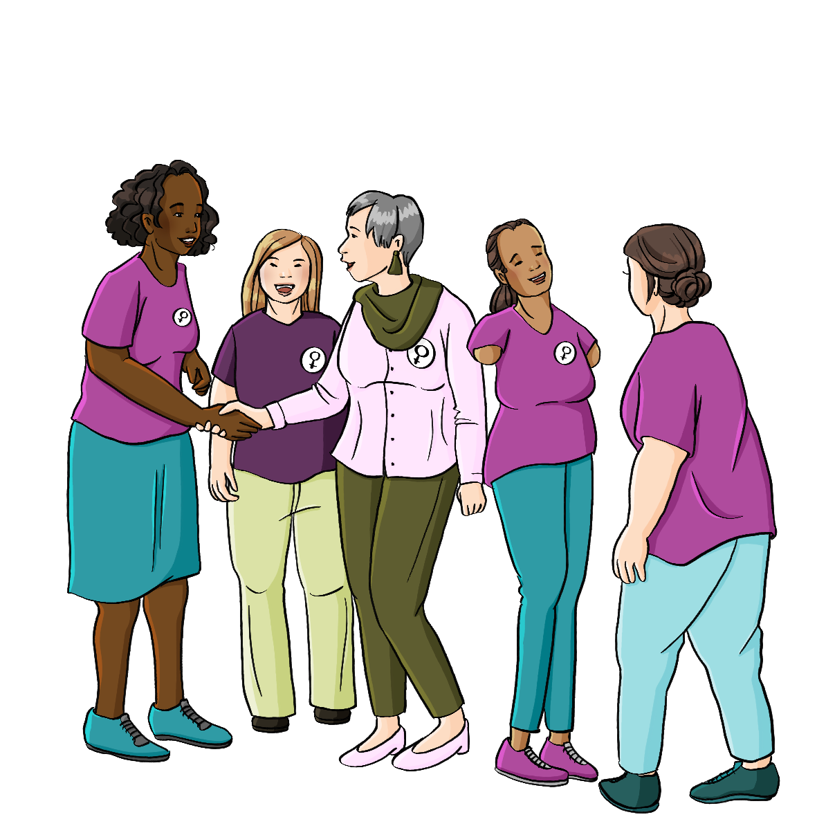 Eine Gruppe Frauen mit und ohne Behinderungen. Sie gehen aufeinander zu und geben sich die Hand. Alle tragen einen Button mit dem Venus-Symbol.