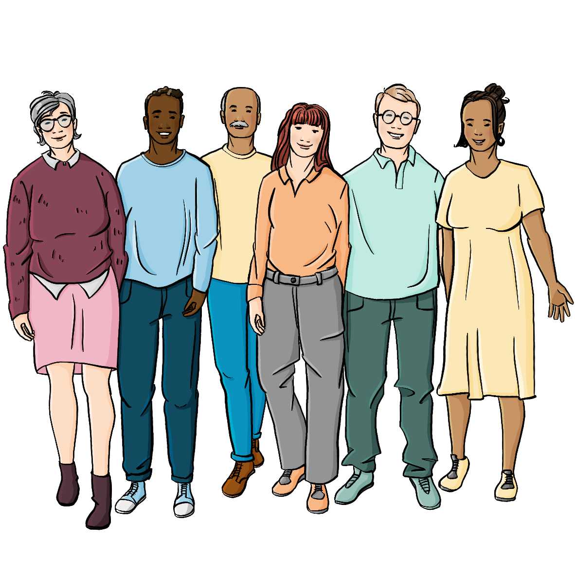 Eine Gruppe von 6 Männern und Frauen mit freundlichen Gesichtern und offener Körperhaltung.