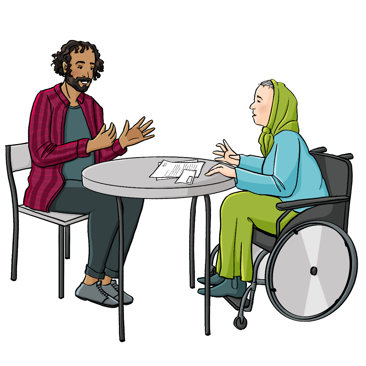 Ein Mann und eine ältere Frau im Rollstuhl sitzen sich an einem Tisch gegenüber. Auf dem Tisch liegt ein Brief.