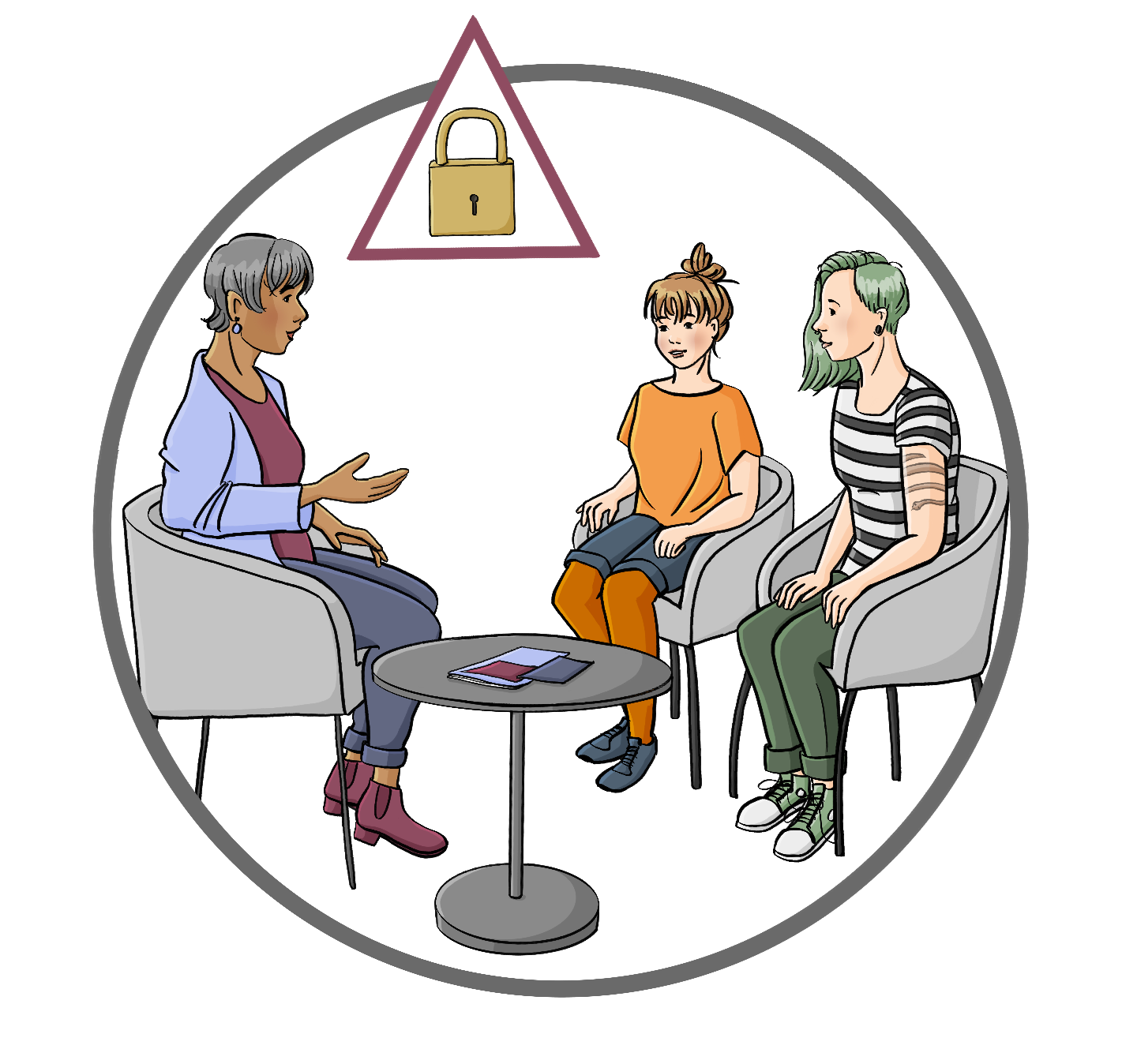 Eine Beraterin und zwei junge Frauen sitzen sich in Sesseln gegenüber. Zwischen den Sesseln steht ein kleiner Tisch mit Info-Heften. Über dem Bild ist ein rotes Dreieck mit einem Vorhängeschloss.