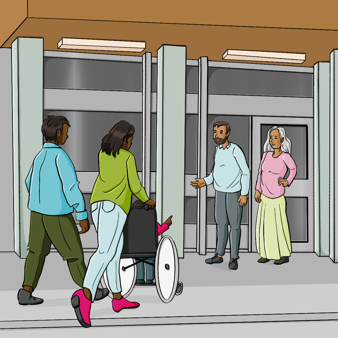 Ein Mann und eine Frau schieben ein Kind im Rollstuhl auf eine Eingangstür zu. Vor der Tür stehen ein Mann und eine Frau und lächeln.