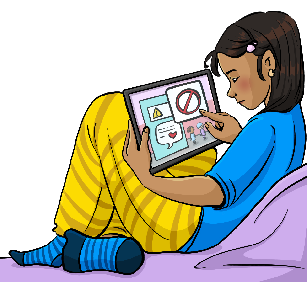 Ein Mädchen mit einem Tablet. Auf dem Bildschirm ist ein roter, durchgestrichener Kreis, eine Sprechblase mit einem Herzchen und ein gelbes Warndreieck.