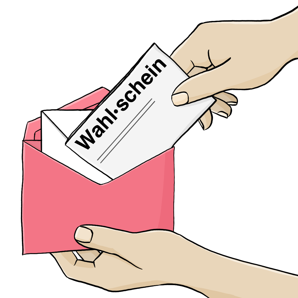Eine Hand steckt einen Wahlschein in einen roten Briefumschlag. In dem roten Umschlag steckt schon ein weißer Umschlag.