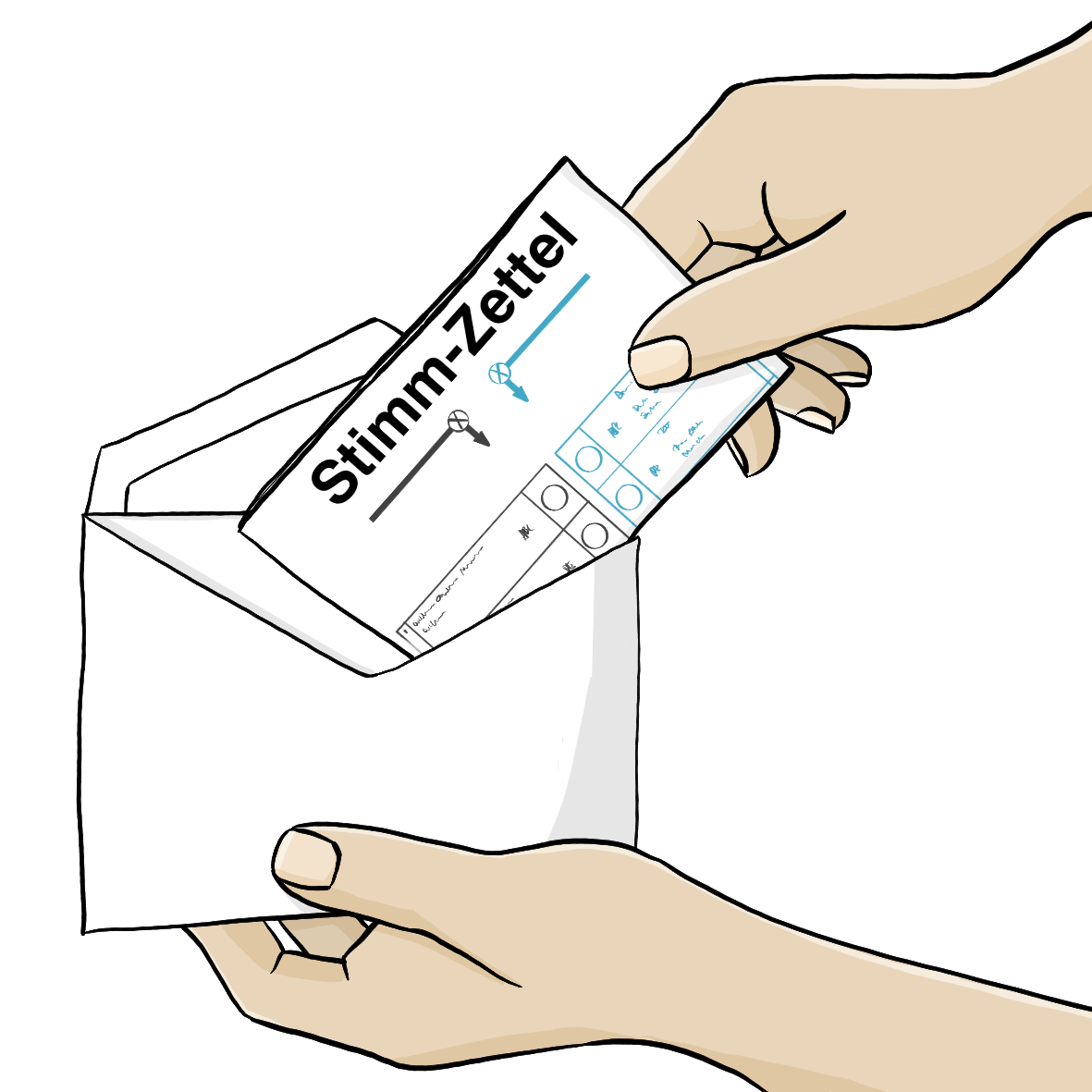 Eine Hand steckt einen Stimmzettel in einen weißen Briefumschlag. Das Wort Stimmzettel ist durch einen Bindestrich getrennt.
