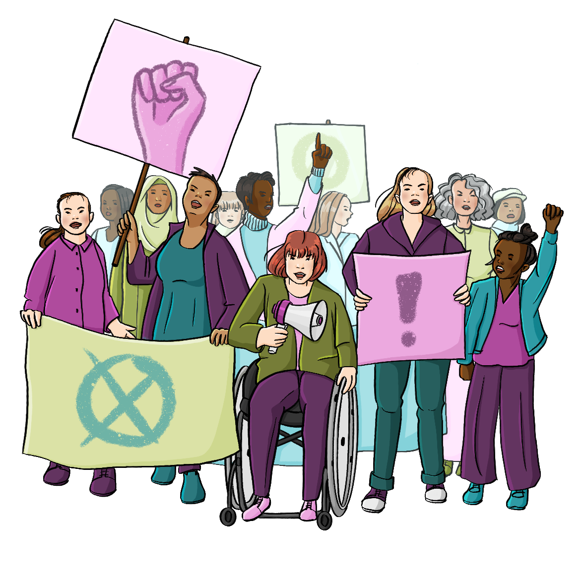 Eine Gruppe Frauen mit Schildern. Einige rufen etwas, andere strecken die Faust in die Luft.