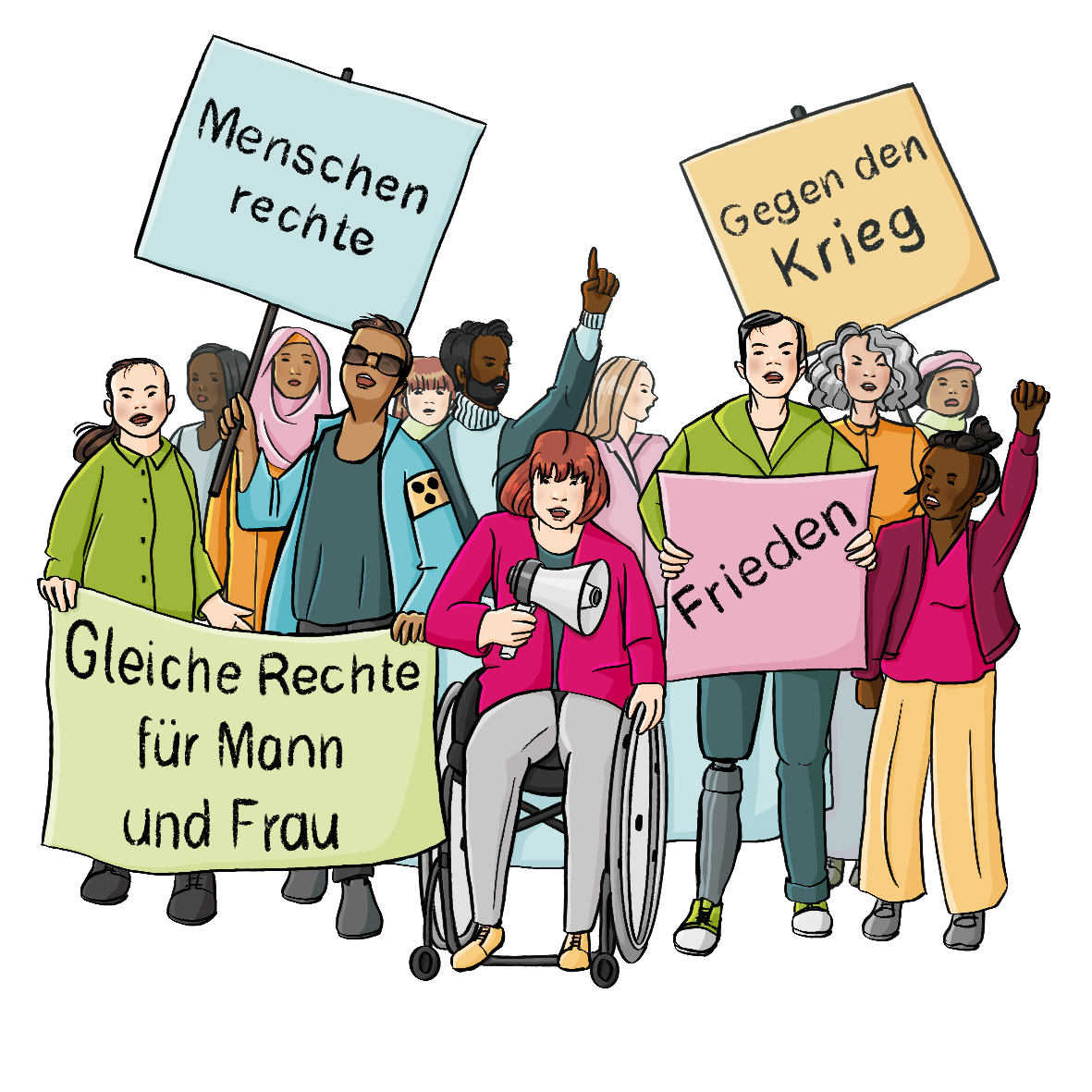 Eine Gruppe Menschen mit Schildern. Einige rufen etwas, andere strecken den Faust in die Luft. Auf den Schildern steht: Menschenrechte, Gleiche Rechte für Mann und Frau, Frieden und gegen den Krieg.