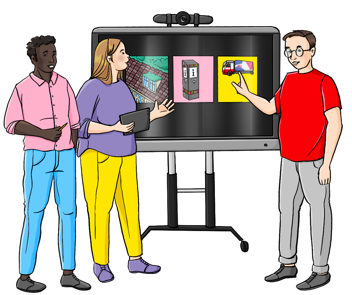 Zwei Männer und eine Frau zeigen auf ein Smartboard mit verschiedenen Symbolen.