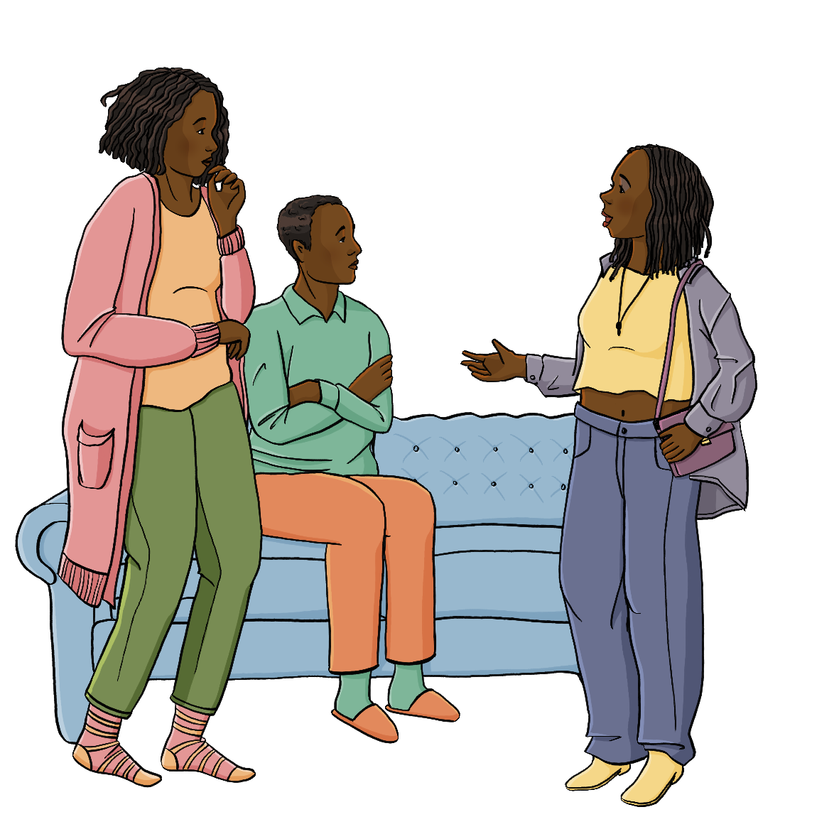 Eine jugendliche und eine Frau stehen neben einem Sofa. Auf dem Sofa sitzt ein Mann mit verschränkten Armen. Die Jugendliche redet. Die Frau schaut besorgt.