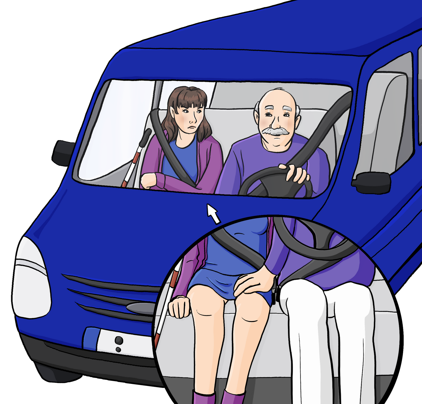Eine Frau sitzt vorne in einem Kleinbus, der Fahrer fasst ihr an den Oberschenkel.