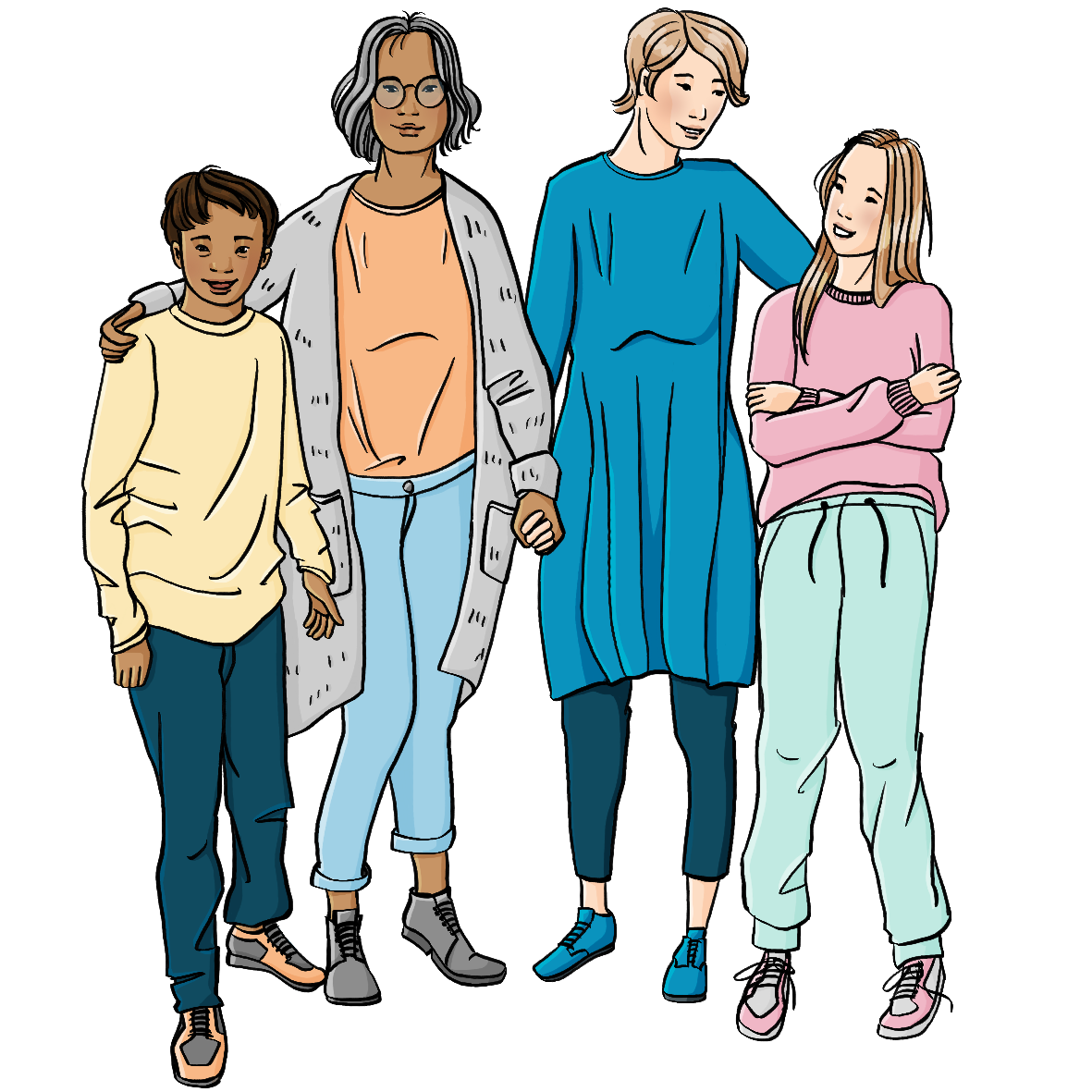 Zwei Frauen halten sich an der Hand. Neben ihnen stehen ein Junge und ein Mädchen.