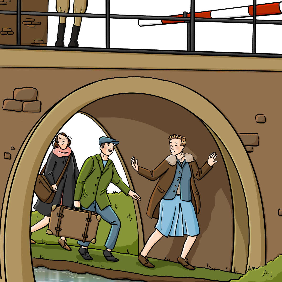 Ein Mann und eine Frau mit Koffern werden von einer anderen Frau unter einer Brücke durchgeführt. Alle schauen ängstlich und tragen Kleidung der 40er Jahre. Auf der Brücke sind Soldatenstiefel und eine Schranke angedeutet.