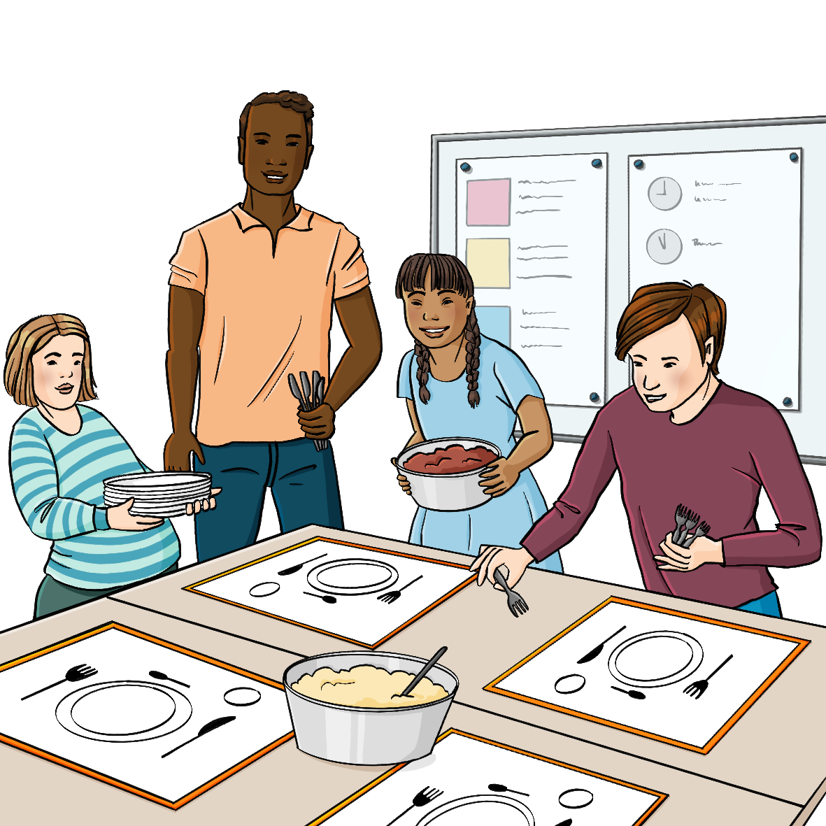 Ein Mann und drei Kinder decken Schultische mit Tellern, Schüsseln und Besteck. Auf den Tischen sind Platzdeckchen, darauf sind die Plätze für Teller und Besteck abgebildet. Im Hintergrund ist eine Tafel. An der Tafel hängen Pläne mit Uhrzeiten.