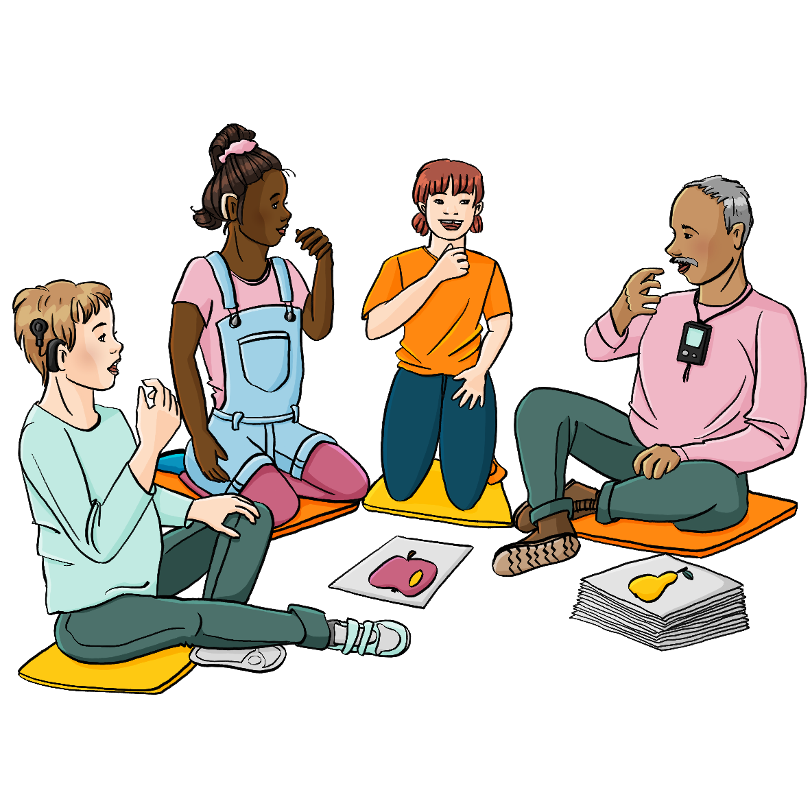 Ein Mann und drei Kinder sitzen auf dem Boden. Alle haben den Mund geöffnet und führen die Hand zum Mund. Auf dem Boden liegt ein Stapel Bildkarten. Bilder von Apfel und Birne sind aufgedeckt. Ein Junge trägt ein Cochlear-Implantat, ein Mädchen ein Hörgerät.