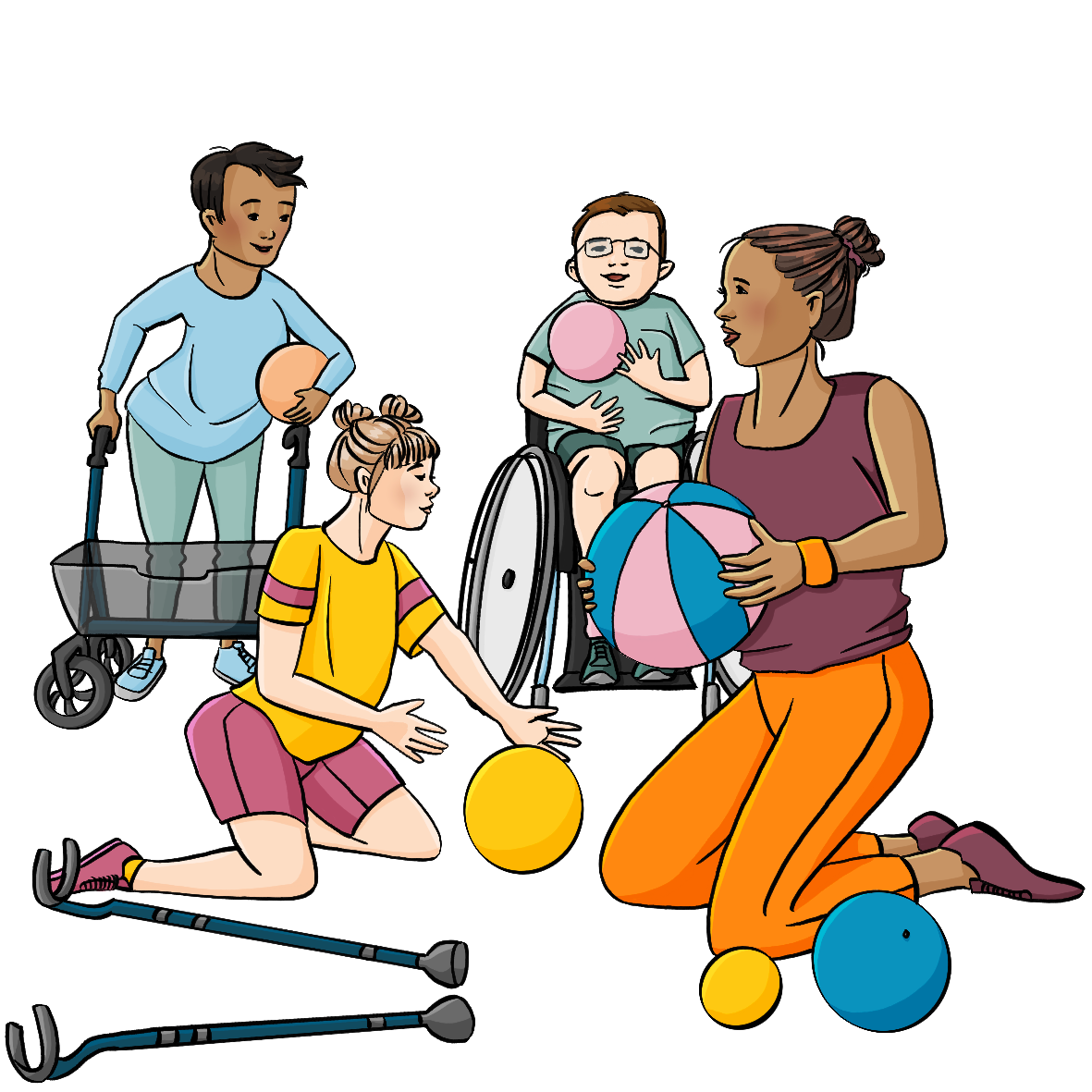 Eine kniende Frau, ein kniendes Mädchen, ein Junge im Rollstuhl und ein Junge mit Gehhilfe. Alle tragen Sportkleidung und halten Bälle in der Hand. Auf dem Boden liegen weitere Bälle und zwei Unterarm-Gehstützen.