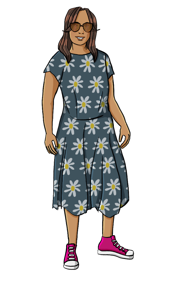 Eine Frau. Sie trägt eine Sonnenbrille und ein geblümtes Sommerkleid, das bis zur Wade reicht.