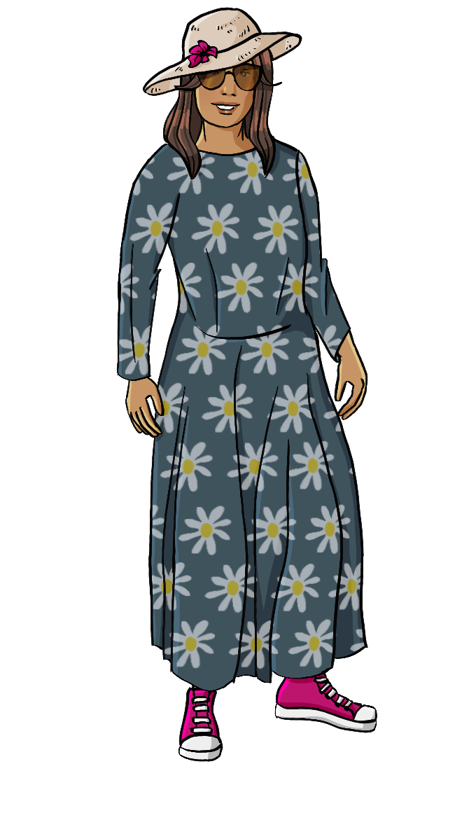 Eine Frau. Sie trägt eine Sonnenbrille, einen Sonnenhut und ein geblümtes Sommerkleid, das bis zu den Knöcheln reicht.