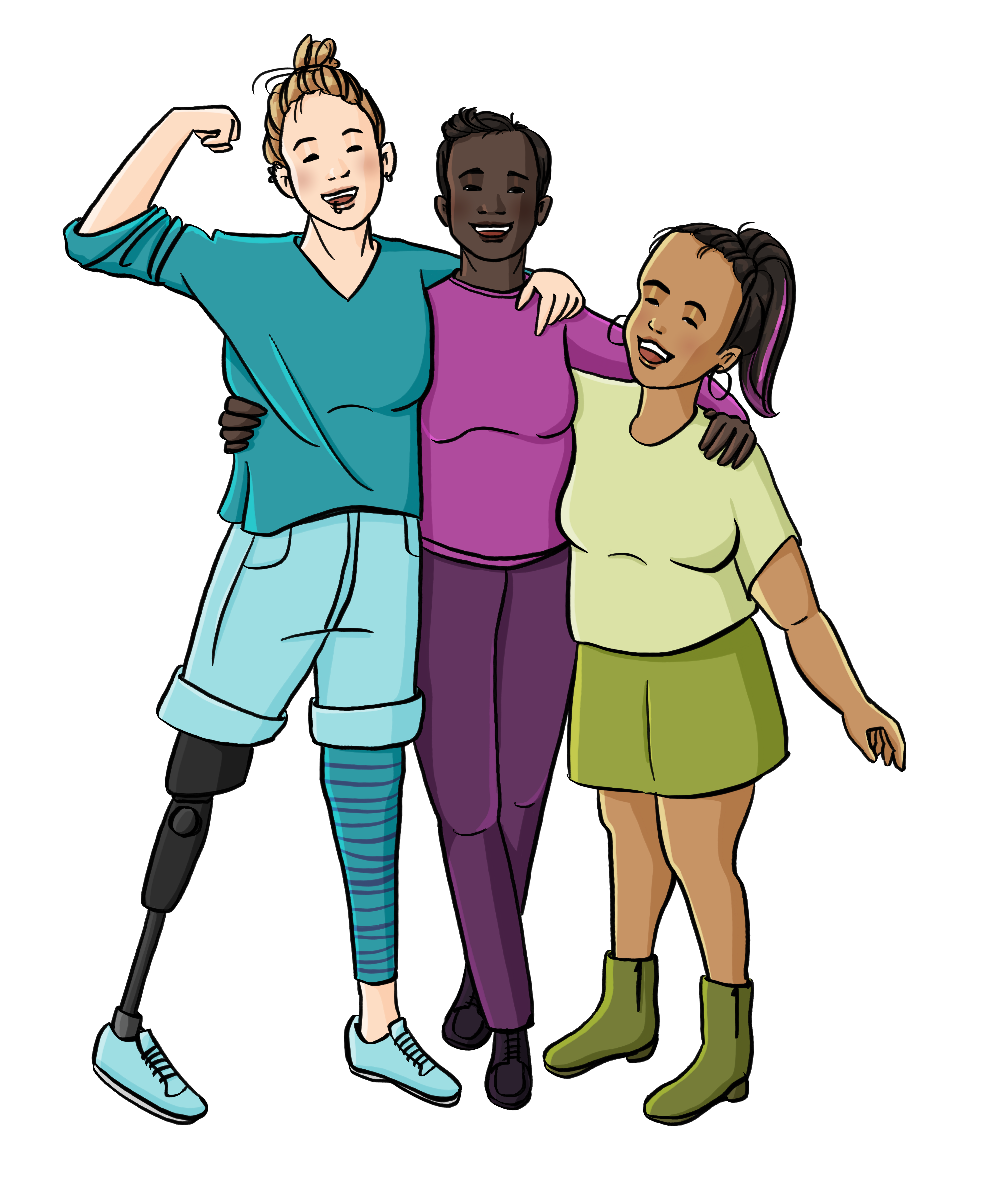 Drei Frauen mit verschiedenen Hautfarben stehen nebeneinander. Sie haben die Arme umeinander gelegt, die linke Frau hat den erhobenen Arm angewinkelt und macht eine Faust. Sie trägt eine Prothese. Die Frau ganz rechts ist kleinwüchsig.