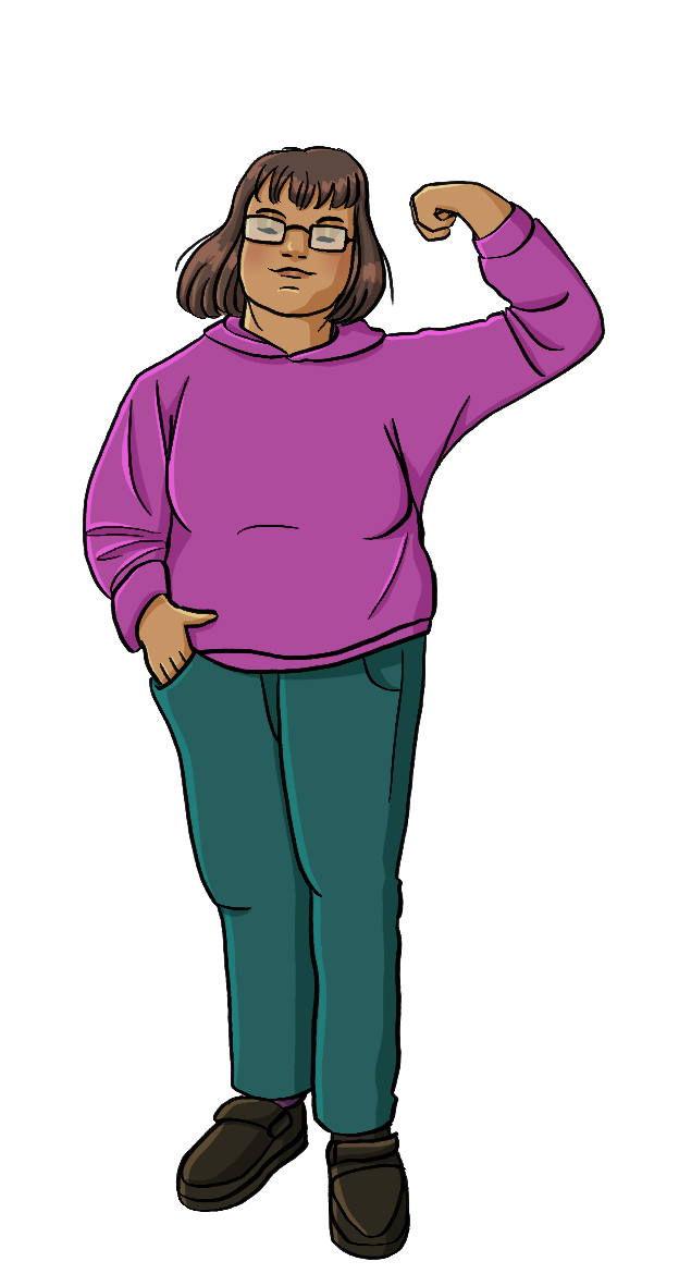 Eine Frau mit Downsyndrom hat den linken Arm gehoben und angewinkelt. Mit der linken Hand macht sie eine Faust.