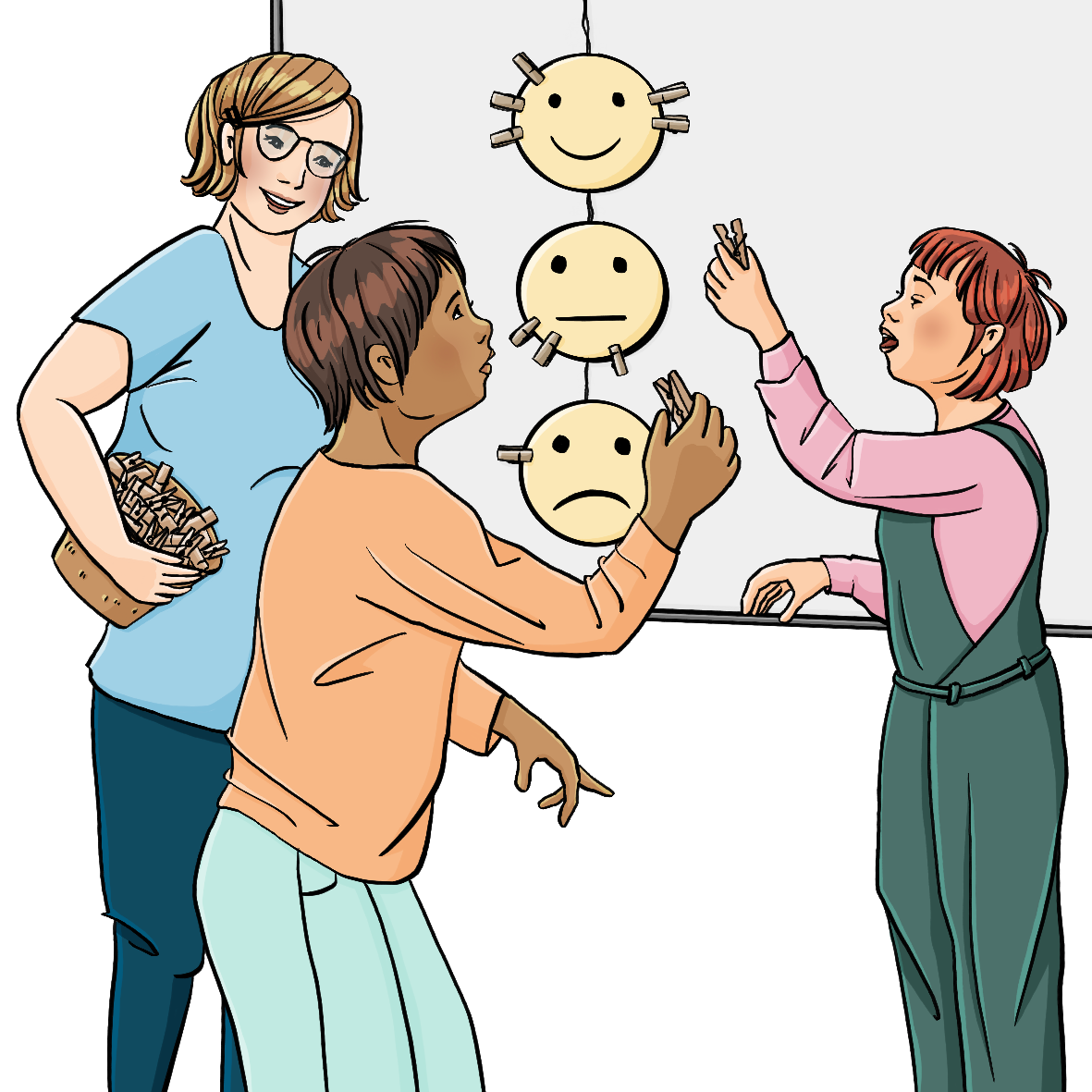 Eine Frau und zwei Kinder stehen vor einer Tafel. An der Tafel sind ein fröhlicher, ein neutraler und ein trauriger Smiley. An den Smileys sind Wäscheklammern. Die Frau hält einen Korb mit Wäscheklammern unter dem Arm. Die beiden Kinder strecken Wäscheklammern in Richtung der Smileys.