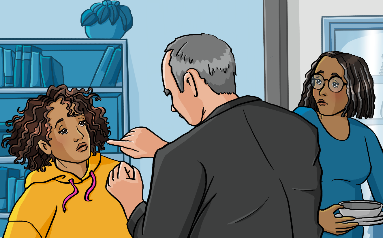 Die Rückansicht von einem Mann, er zeigt auf ein ängstlich schauendes Mädchen. Im Hintergrund ist ein Bücherregal und eine besorgt schauende Frau.