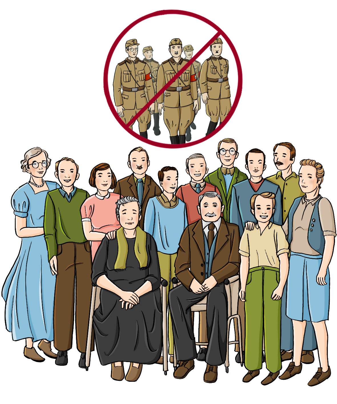 Ein älterer Mann und eine ältere Frau sitzen auf Stühlen. Um sie herum steht eine Gruppe junger Männer, Frauen und Kinder. Über der Gruppe ist das Bild von Männern in Uniform der Nationalsozialisten. Die Männer sind durchgestrichen.