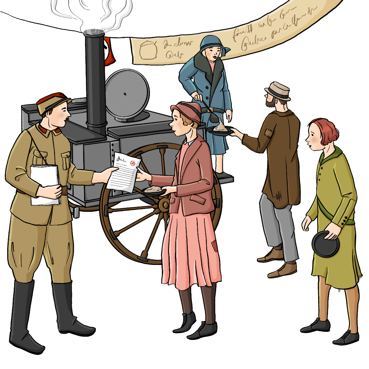 Menschen in Kleidung der 30er Jahre stehen vor einer Gulaschkanone. Eine Frau verteilt Suppe, ein Mann in Uniform der Nationalsozialisten verteilt Flugblätter. Im Hintergrund hängt ein Banner und das halb verdeckte Zeichen der Nationalsozialisten.