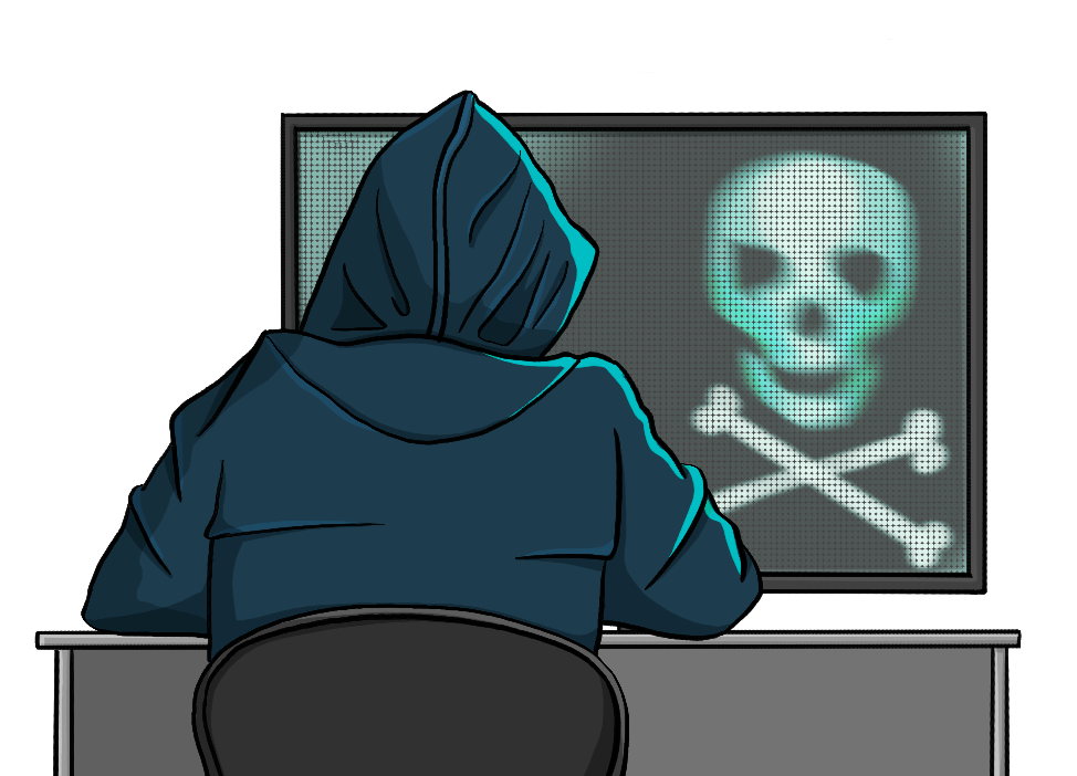 Eine Person mit Kapuze sitzt vor einem Computer. Auf dem Bildschirm ist ein Totenkopf.
