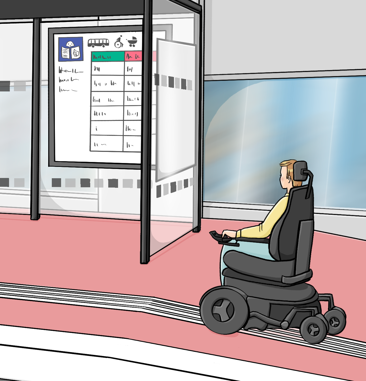 Ein Mann im Elektrorollstuhl fährt auf ein Haltestellenhäuschen zu. Der Bordstein ist leicht angeschrägt.