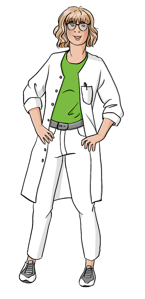 Eine Frau in weißer Hose und weißem Kittel.