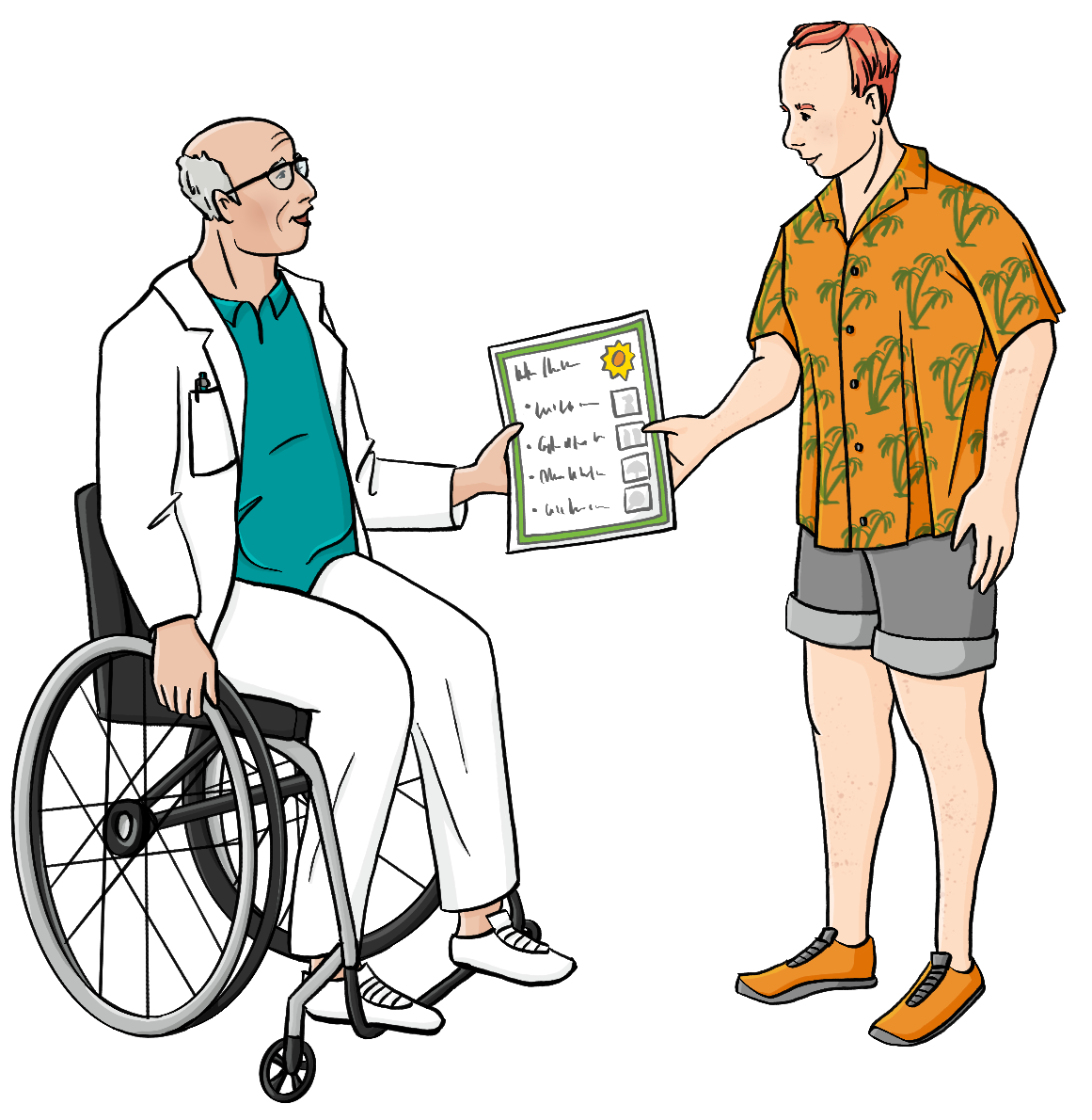 Ein Mann im Rollstuhl mit weißer Hose und weißem Kittel. Er gibt einem anderen Mann im Hawaiihemd einen Zettel.