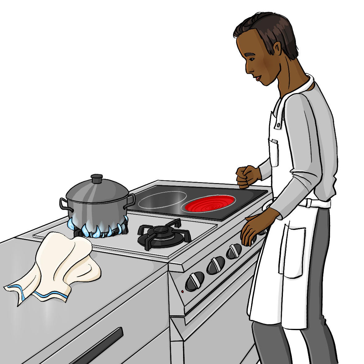 Ein Mann mit einer Schürze steht vor einem Herd. Der Herd hat ein Cerankochfeld und ein Gaskochfeld. Eine Herdplatte leuchtet rot. Auf einer Gasplatte steht ein Topf. Dicht neben den Flammen liegt ein Handtuch.