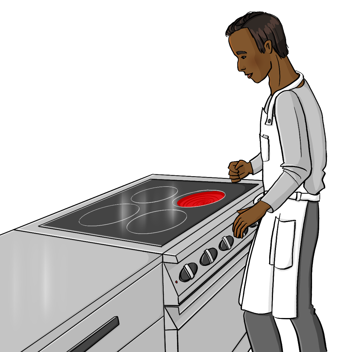 Ein Mann mit einer Schürze steht vor einem Herd mit Ceranfeld. Eine Herdplatte leuchtet rot.