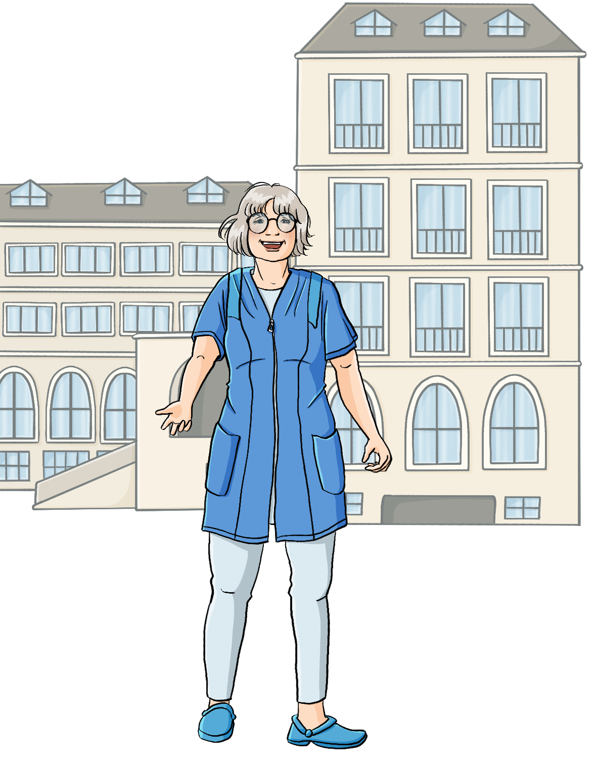 Eine Frau in blauem Kittel. Im Hintergrund ist ein Schulgebäude.