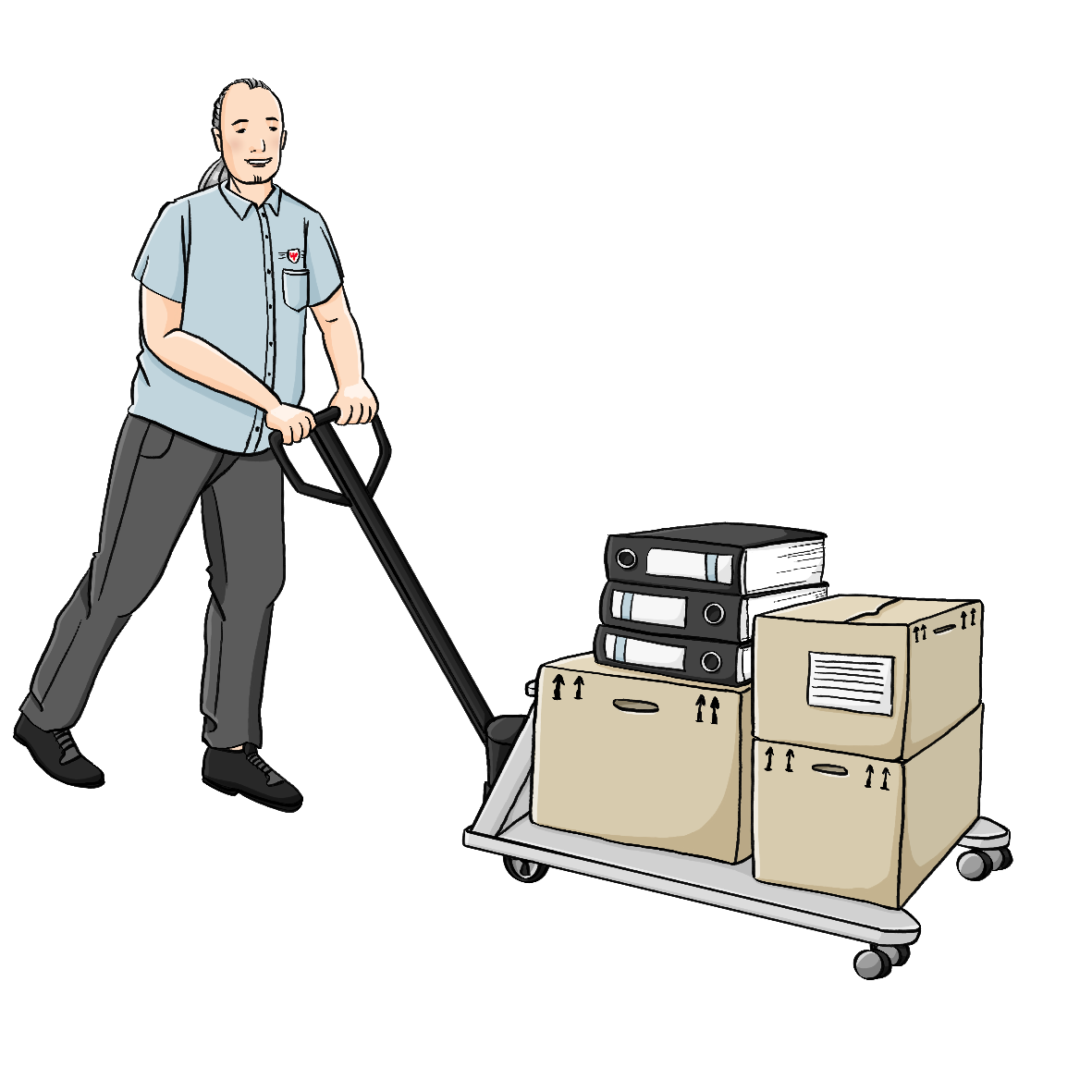 Ein Mann in hellblauem Arbeitshemd schiebt einen Hubwagen mit Kartons und Ordnern.