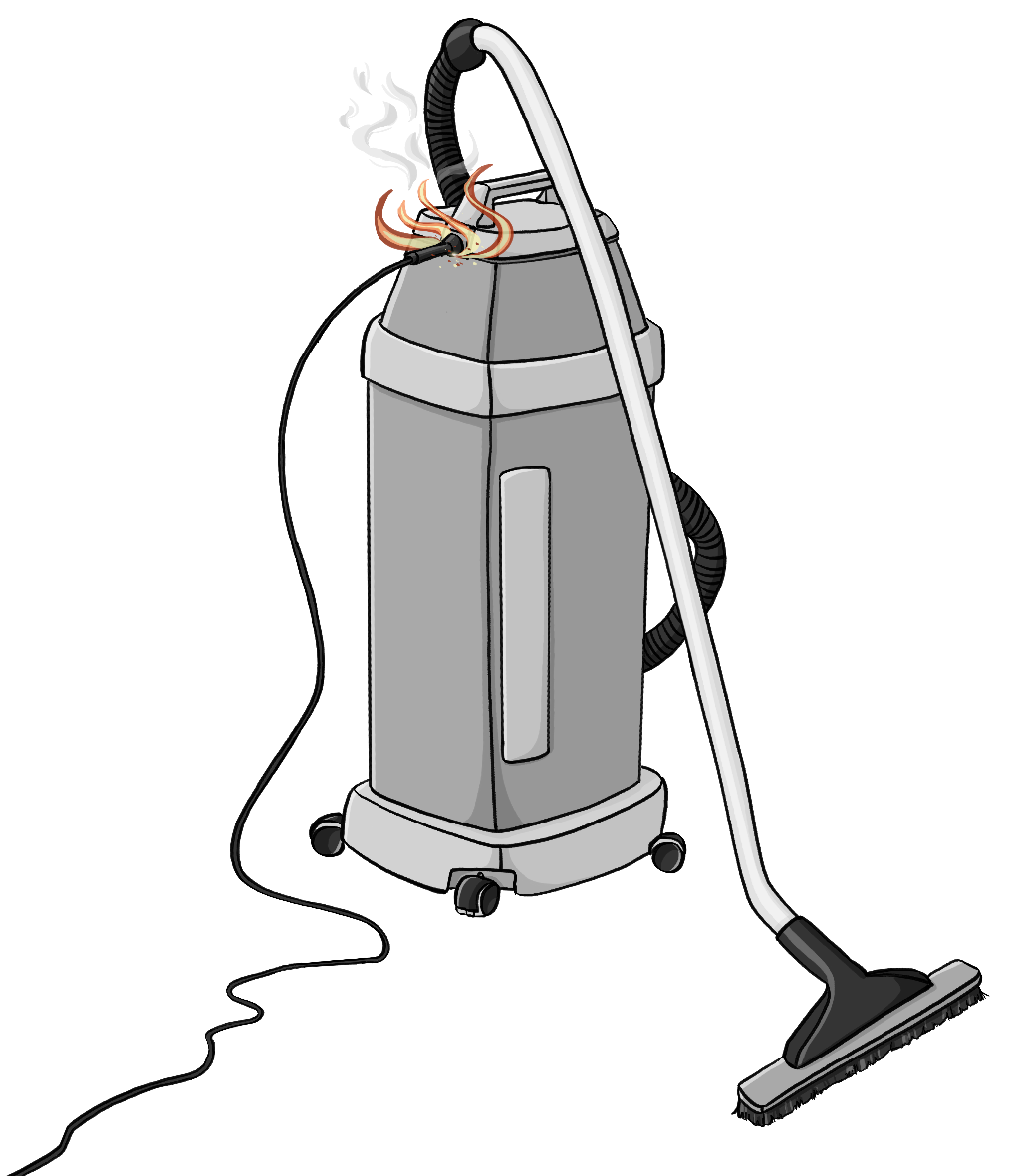 Ein Industriestaubsauger mit Kabel. An der Verbindungsstelle von Kabel und Staubsauger sind kleine Flammen und Rauch.