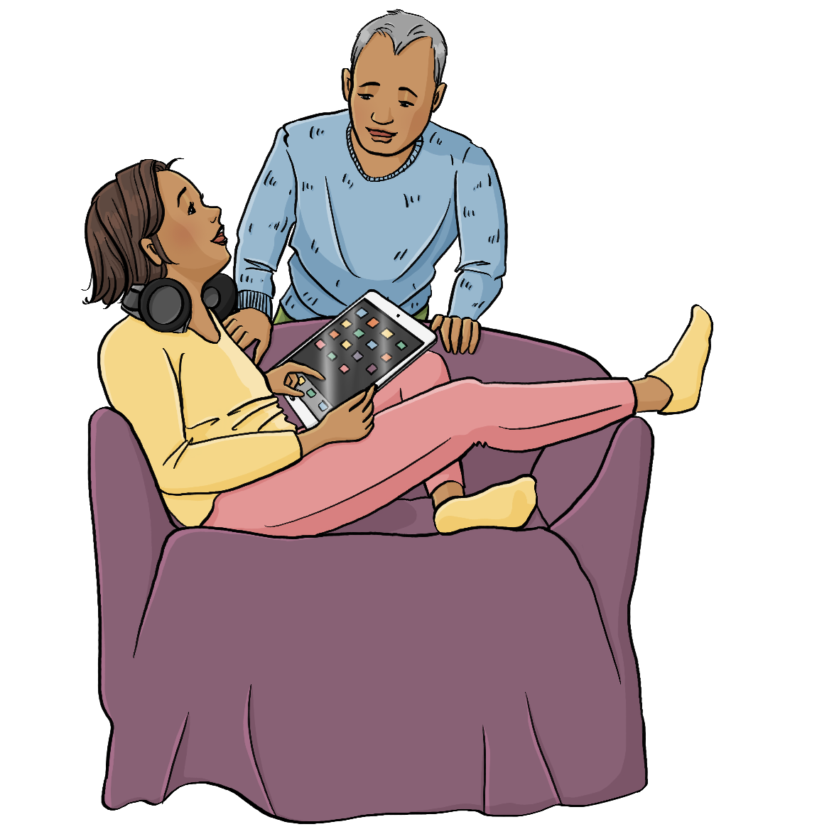 Eine Jugendliche sitzt auf einem Sessel und zeigt auf ein Tablet in ihrem Schoß. Ein Mann beugt sich über den Sessel und schaut die Jugendliche an.