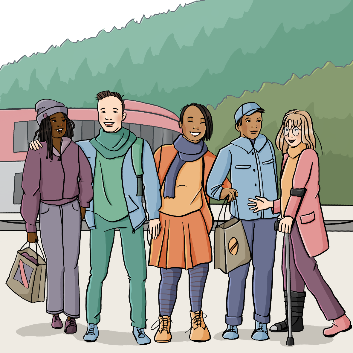 Eine Gruppe Jugendlicher mit Einkaufstüten. Im Hintergrund ist das Shoppingcenter am Brenner.