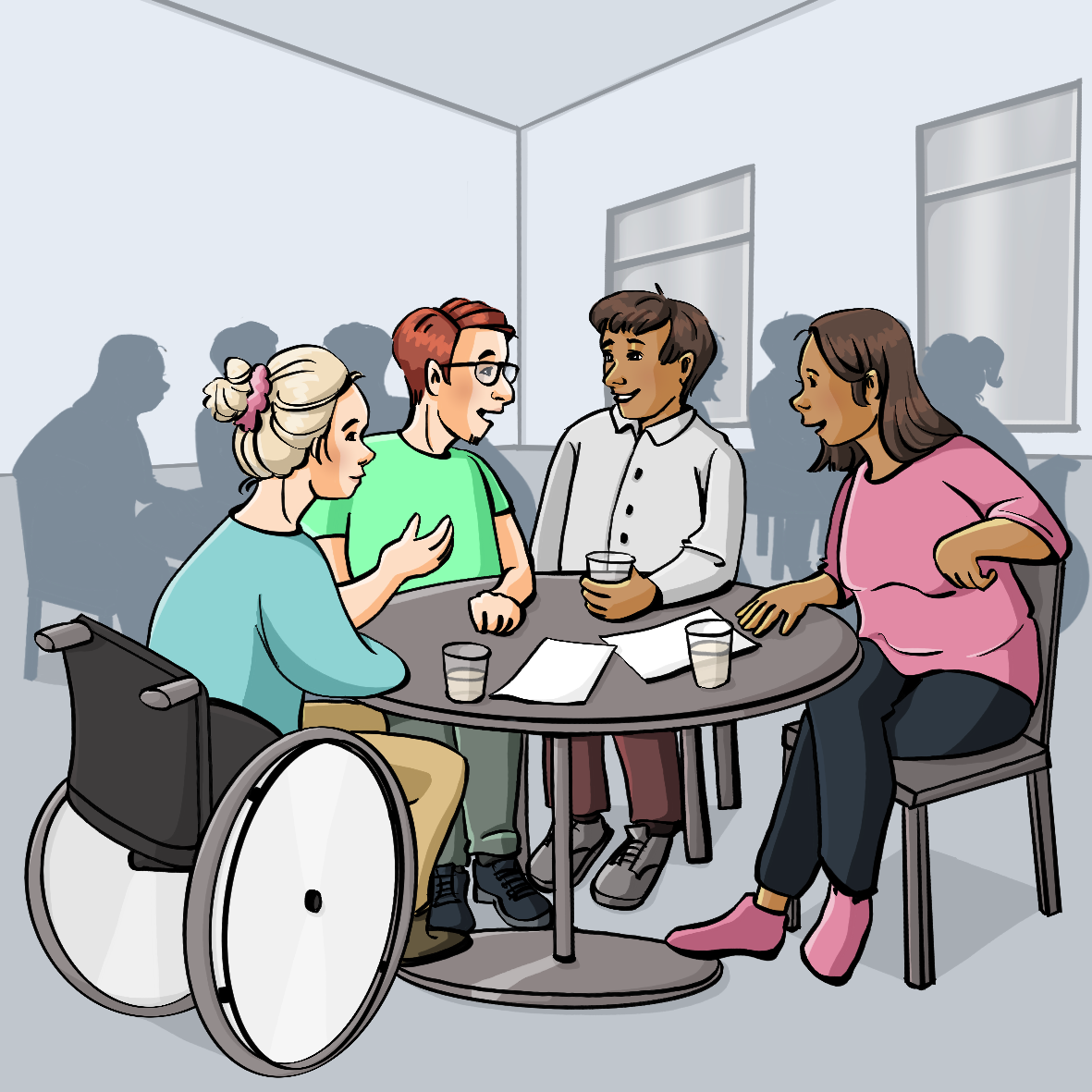 4 Menschen sitzen um einen Tisch und reden.