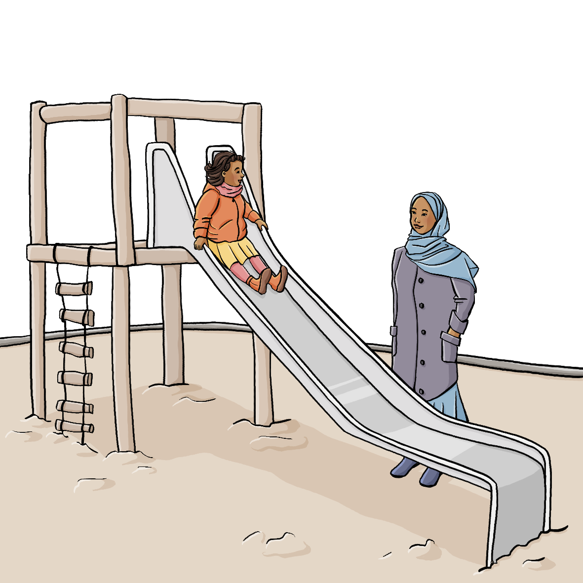 Ein Mädchen sitzt oben auf einer Rutsche. Eine Frau steht daneben und schaut zu. Beide lächeln sich an.