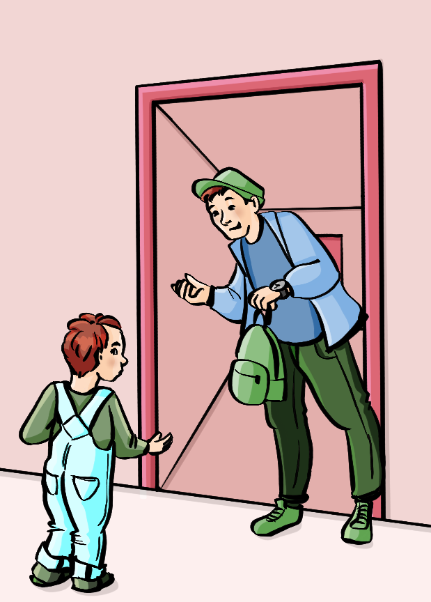 Ein Kind geht zur Tür und schaut sich nach hinten um. Ein Mann steht im Türrahmen und hält einen kleinen Rucksack in der Hand.