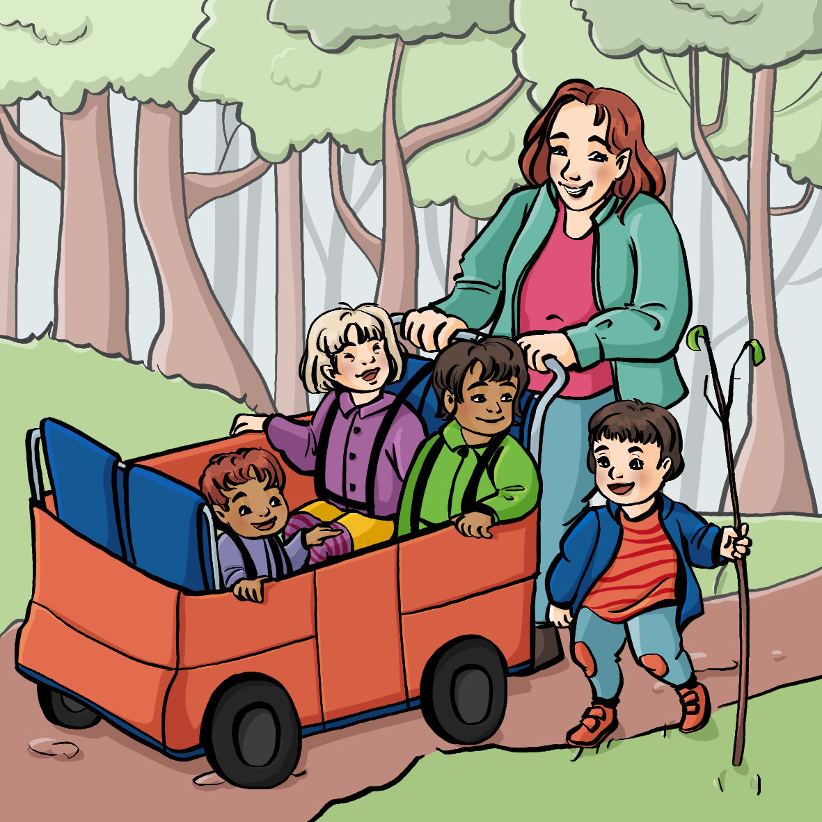 Eine Frau schiebt drei Kinder in einem Wagen durch den Wald. Ein viertes Kind läuft mit einem Stock neben dem Wagen.