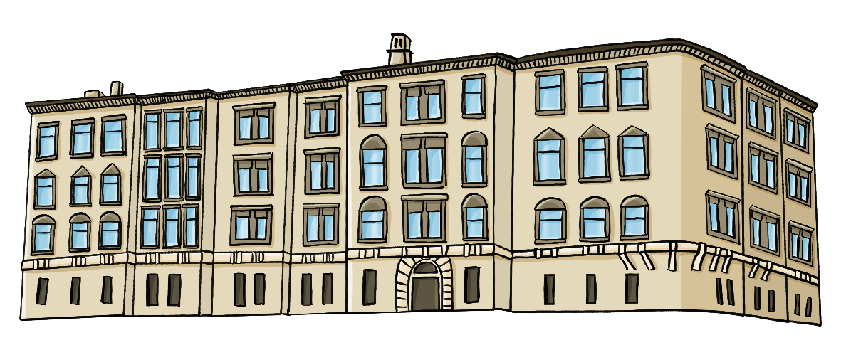 Ein großes Haus mit 4 Etagen und vielen Fenstern.Ein großes Haus mit mehreren Trakten, 4 Etagen und vielen Fenstern.