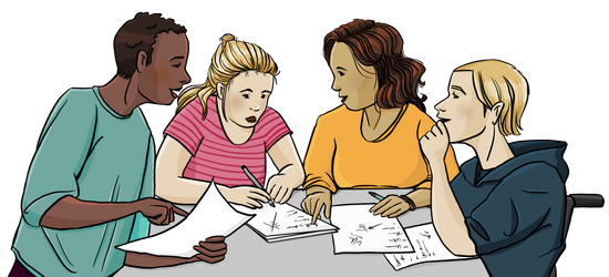 Eine inklusive Gruppe junger Menschen sitzt am Tisch und diskutiert. Auf dem Tisch liegen Papiere. Zwei Frauen schreiben. 