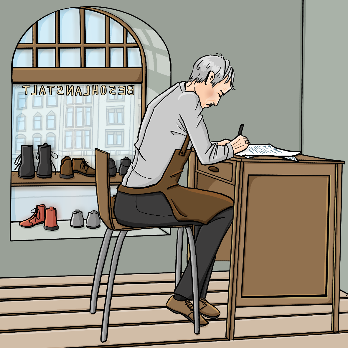 Ein Mann in Arbeitsschürze sitzt am Schreibtisch und schreibt. Er schaut verbittert. Im Hintergrund ist ein Schaufenstern mit Schuhen.