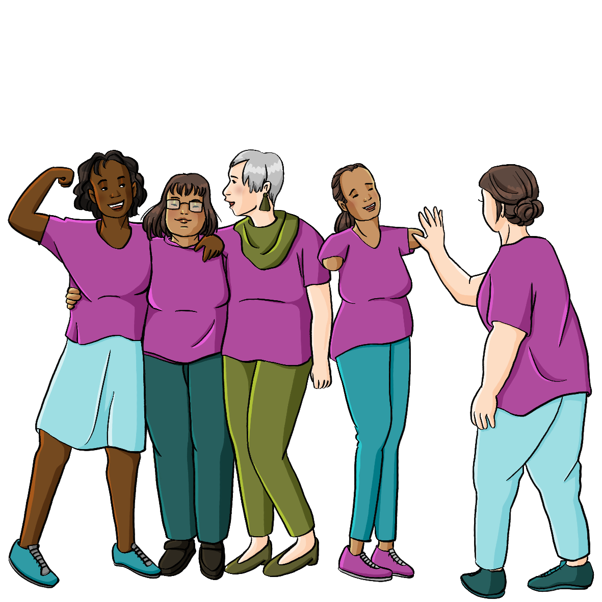 Eine Gruppe Frauen mit und ohne Behinderungen. Sie haben die Arme umeinander gelegt oder geben sich high five.