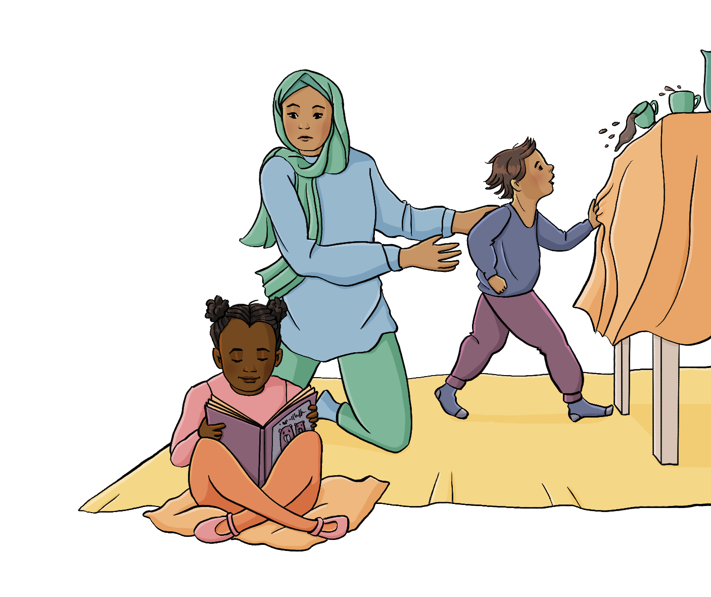 Eine Frau greift nach einem Jungen, der an einer Tischdecke zieht. Auf dem Tisch stehen Tassen und eine Kanne. Eine Tasse fällt gerade um, eine braune Flüssigkeit spritzt heraus. Die Frau schaut auf ein Mädchen, das im Vordergrund auf einem Kissen sitzt und liest.