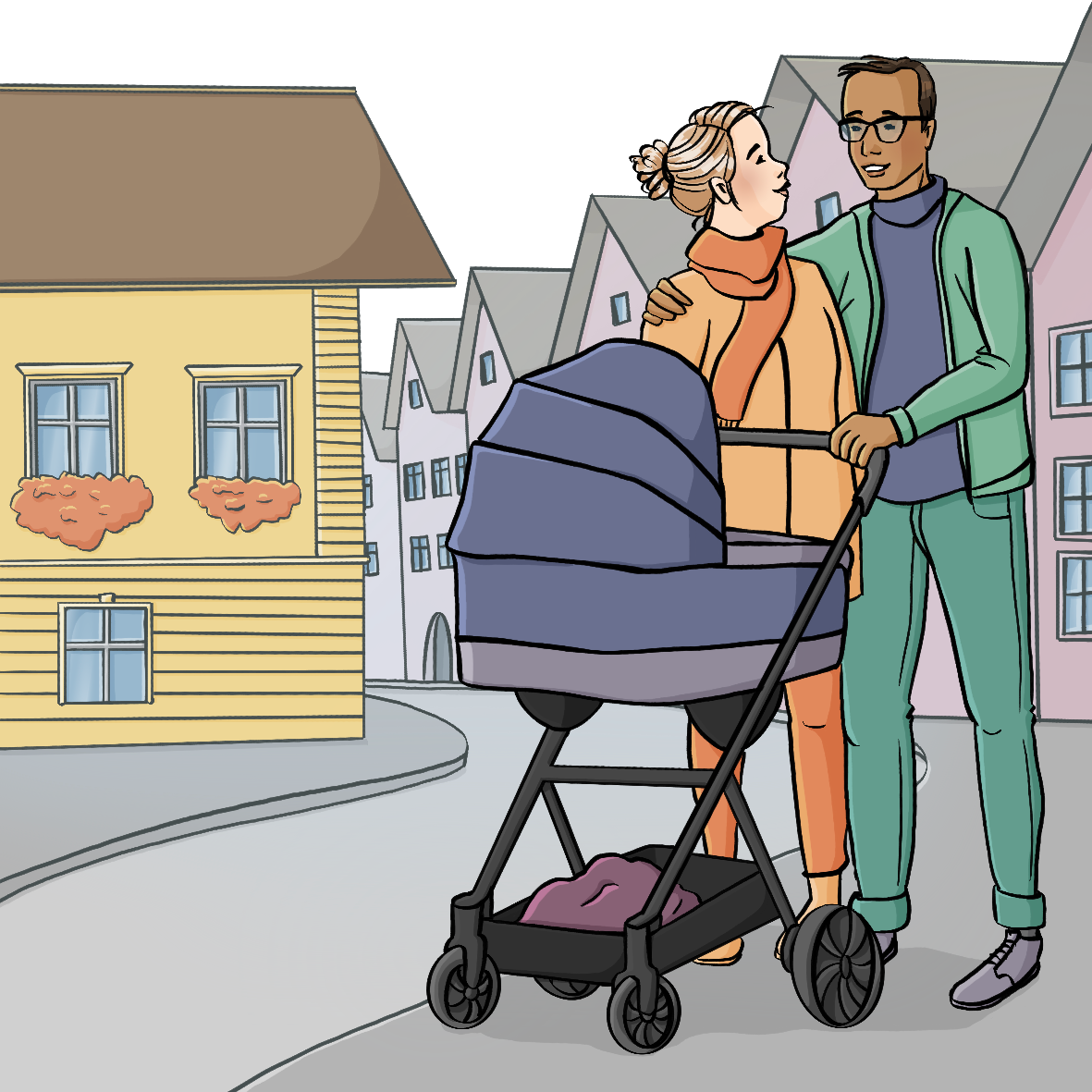 Ein Mann und eine Frau schieben einen Kinderwagen. Sie haben die Arme umeinander gelegt. Im Hintergrund ist eine Straße mit Häusern.