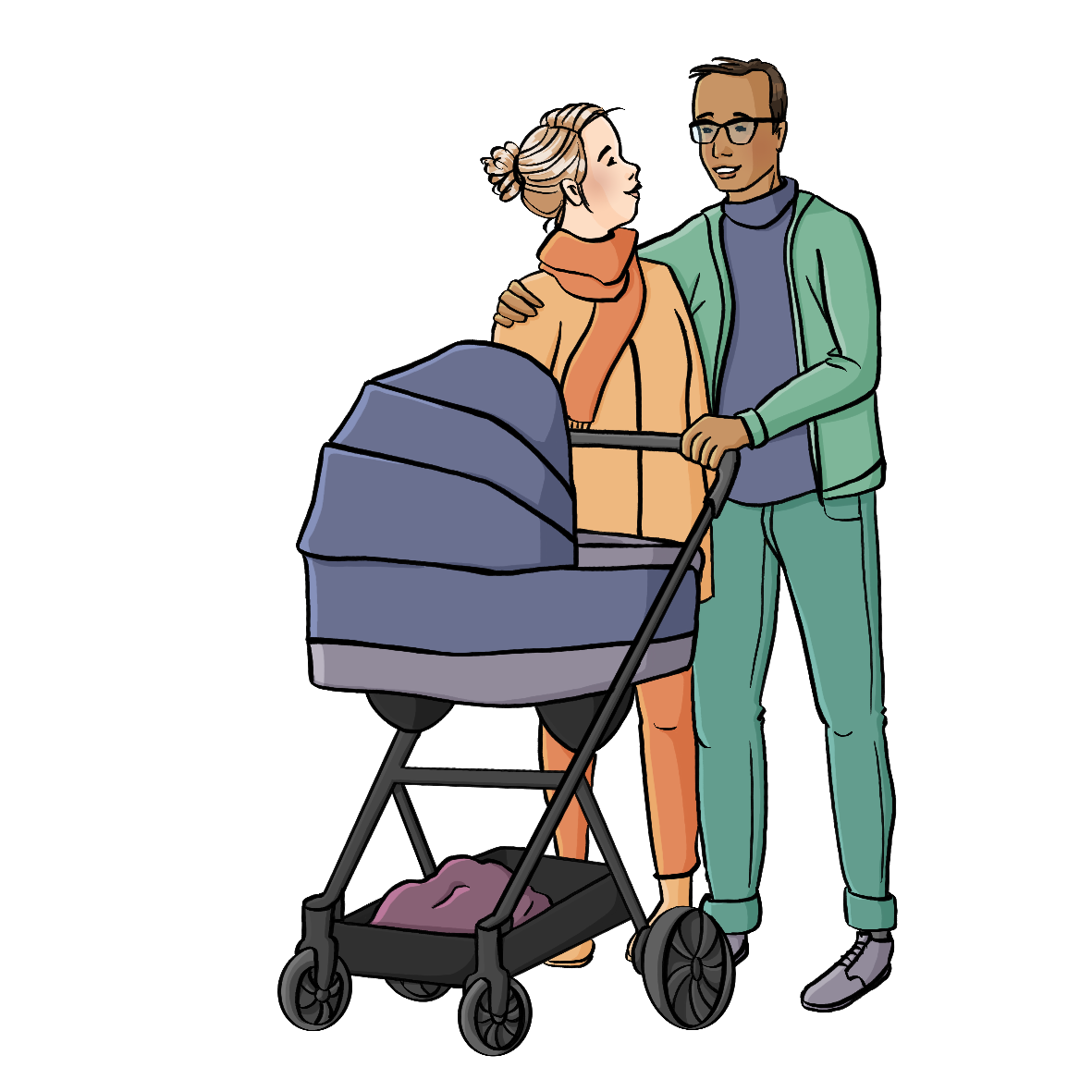 Ein Mann und eine Frau schieben einen Kinderwagen. Sie haben die Arme umeinander gelegt.