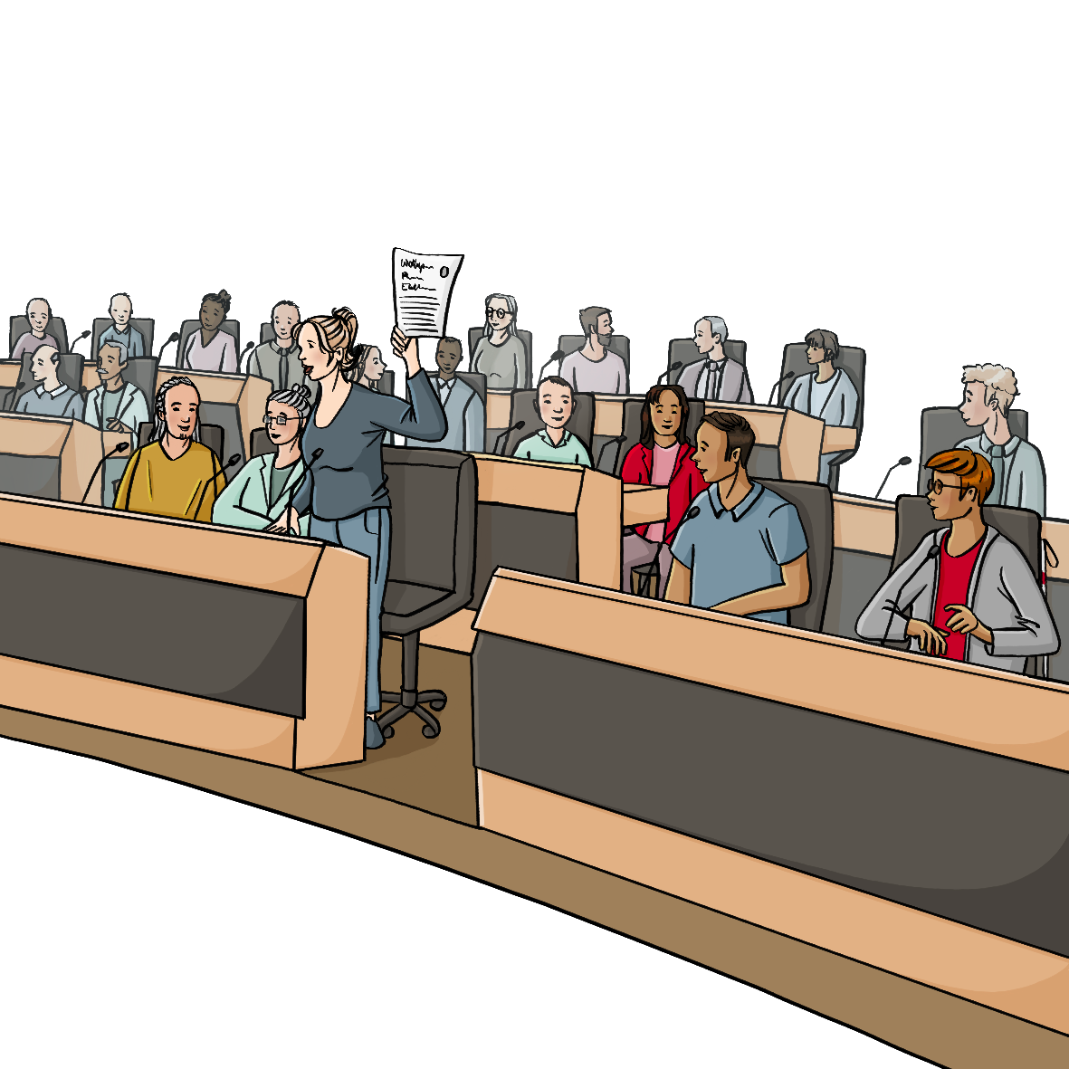 Menschen in förmlicher Kleidung sitzen in halbrund angeordneten Tischreihen. In der vordersten Reihe steht eine Frau an ihrem Platz. Sie hält einen Zettel hoch und spricht in ein Tischmikro.